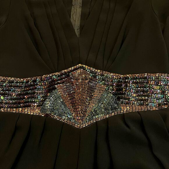 Vintage Black Sequin Waist Jumpsuit | Sheer Sleeve, V-Neck, Pockets, Formal Glam - Picture 4 of 11